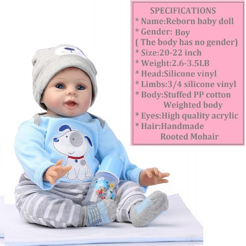  Medylove Realistic Reborn Baby Dolls Boy Lifelike Silicone Vinyl 22 Inches 55 cm Weighted Body Wearing Toy Blue Dog Cute Doll Eyes Open Gift Set for Ages 3+