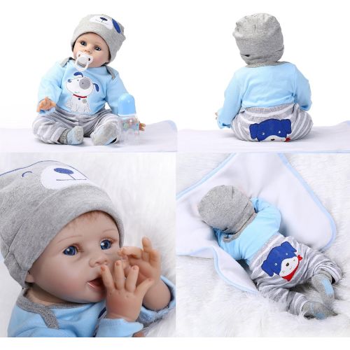  Medylove Realistic Reborn Baby Dolls Boy Lifelike Silicone Vinyl 22 Inches 55 cm Weighted Body Wearing Toy Blue Dog Cute Doll Eyes Open Gift Set for Ages 3+