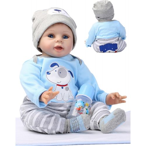  Medylove Realistic Reborn Baby Dolls Boy Lifelike Silicone Vinyl 22 Inches 55 cm Weighted Body Wearing Toy Blue Dog Cute Doll Eyes Open Gift Set for Ages 3+