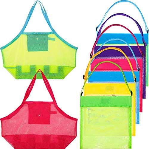  [아마존베스트]meekoo 8 Pieces Colorful Mesh Beach Bags Seashell Bags Beach Shell Bags for Treasure Shell Toy Storage(Color Set 2, Size Set 2)