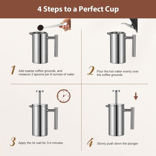  Meelio Small French Press Coffee Maker, Double-Wall Insulated French Press Coffee Press Stainless Steel, Included 2 Extra Fliters and 1 Coffee Spoon (350ML, 12 OZ)