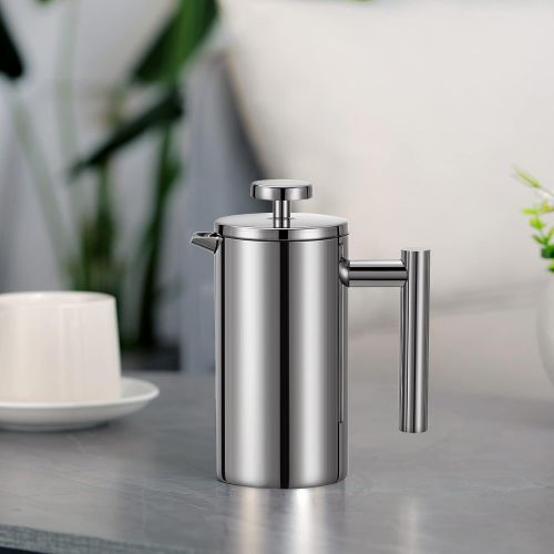  Meelio Small French Press Coffee Maker, Double-Wall Insulated French Press Coffee Press Stainless Steel, Included 2 Extra Fliters and 1 Coffee Spoon (350ML, 12 OZ)