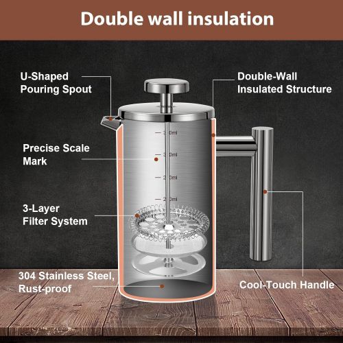  Meelio Small French Press Coffee Maker, Double-Wall Insulated French Press Coffee Press Stainless Steel, Included 2 Extra Fliters and 1 Coffee Spoon (350ML, 12 OZ)