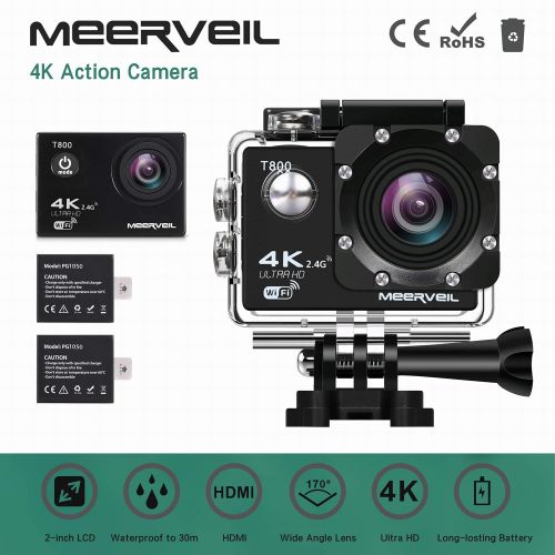  Meerveil T800 4K Action Kamera WiFi Sport Kamera Camcorder 30M Wasserdicht Unterwasserkamera Helmkamera 16MP 170 Grad Weitwinkel mit 2 1050mAh Akkus und Accessoires Kits