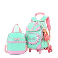 Meetbelify Rolling Backpacks For Girls School Bags Trolley Handbag With Lunch Bag Style B-Green