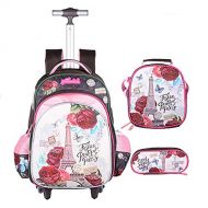 Meetbelify 3Pcs Rolling Backpack for Girls with Lunch Bag Pencil Case School Bags Wheeled Backpack