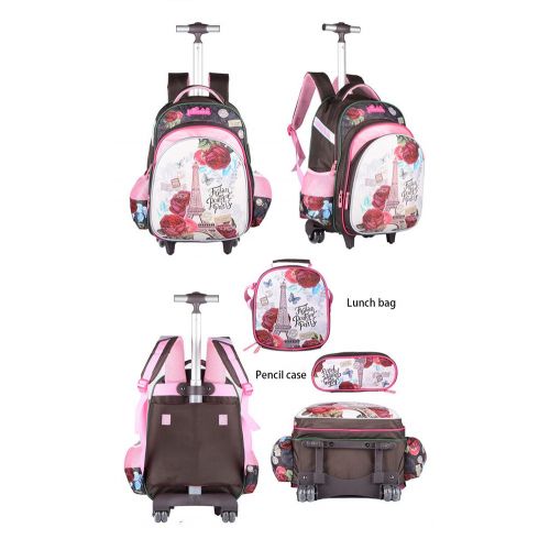  Meetbelify 3Pcs Rolling Backpack for Girls with Lunch Bag Pencil Case School Bags Wheeled Backpack