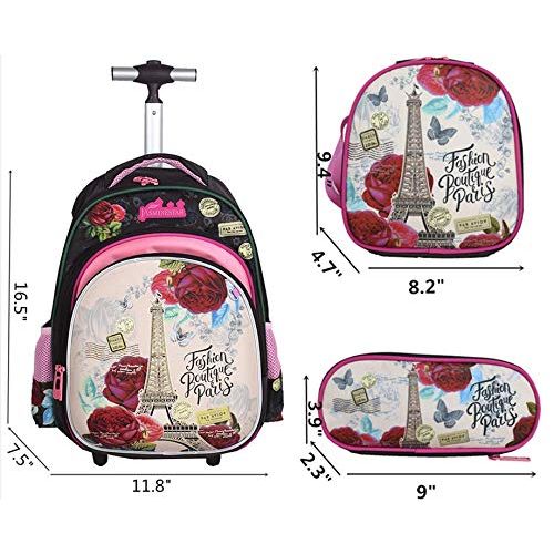  Meetbelify 3Pcs Rolling Backpack for Girls with Lunch Bag Pencil Case School Bags Wheeled Backpack