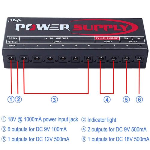  Pedals Power Supply, Mefe MP-1 Guitar Effect High Current DC 10 Output for 9V/12V/18V Effect Pedals