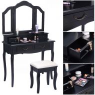 Mefeir mefeir Princess Dressing Table Stool with Mirror, Gloss Bedroom Vanity Wooden Set, Girl Small Makeup Seat Saving Room Compact (3 Mirrors 4 Drawers Set, Black)