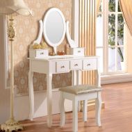 Mefeir mefeir Princess Dressing Table Stool with Mirror, Gloss Bedroom Vanity Wooden Set, Girl Small Makeup Seat Saving Room Compact (5 Drawers Set, White)