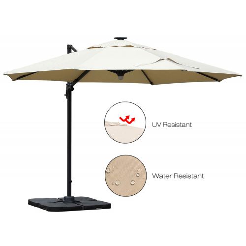  Mefo garden 11 Feet Offset Cantilever Umbrella, 360° Rotated Outdoor Patio Umbrella with Solar LED Lights for Garden, Backyard with Cross Base, 250gsm Round Canopy, Beige
