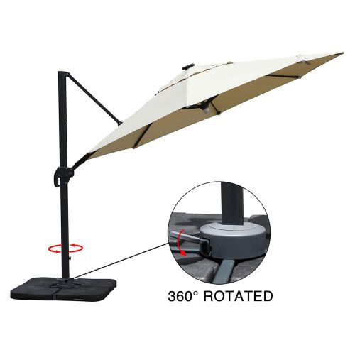  Mefo garden 11 Feet Offset Cantilever Umbrella, 360° Rotated Outdoor Patio Umbrella with Solar LED Lights for Garden, Backyard with Cross Base, 250gsm Round Canopy, Beige