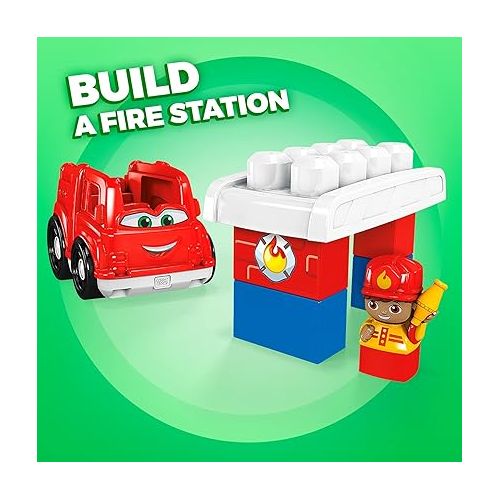  Mega BLOKS Fisher-Price Toddler Building Blocks, Freddy Fire Truck with 6 Pieces and Storage, 1 Figure, Red, Toy Car Gift Ideas for Kids
