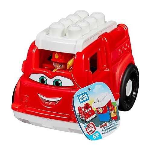  Mega BLOKS Fisher-Price Toddler Building Blocks, Freddy Fire Truck with 6 Pieces and Storage, 1 Figure, Red, Toy Car Gift Ideas for Kids