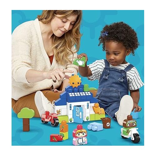  Mega BLOKS Fisher-Price Toddler Blocks Toy Set, Green Town Build ‘n Learn Eco House with 88 Pieces, 4 Figures, Ages 1+ Years