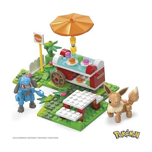  MEGA Pokemon Action Figure Building Toys Set, Pokemon Picnic with 193 Pieces, 2 Poseable Characters, Eevee and Riolu, Gift Idea for Kids