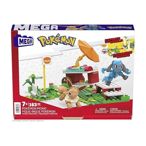 MEGA Pokemon Action Figure Building Toys Set, Pokemon Picnic with 193 Pieces, 2 Poseable Characters, Eevee and Riolu, Gift Idea for Kids