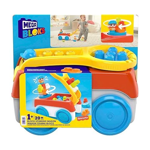  Mega BLOKS First Builders Toddler Building Toy Set, Block Spinning Wagon with 20 Pieces and Storage, 1 Figure, Ages 1+ Years