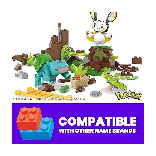  Mega Pokemon Building Toys Set Emolga and Bulbasaur’s Charming Woods with 194 Pieces, 2 Poseable Characters and Motion, for Kids