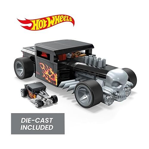  Mega Hot Wheels Race Car Building Toys Set, Bone Shaker with 334 Pieces and Metal Die-Cast Model, Collector Replica, Black and Chrome, Kids & Adults