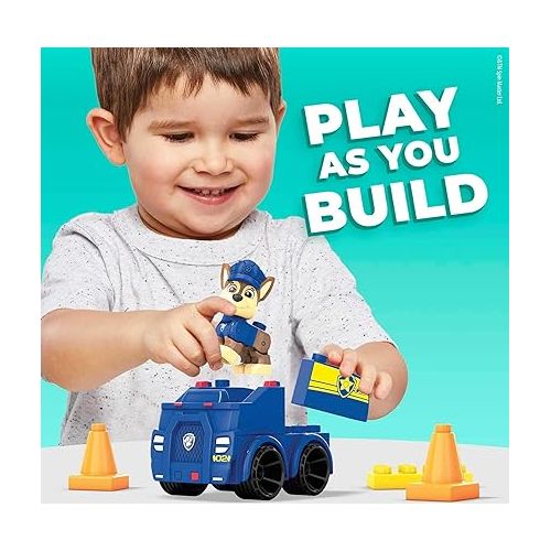  MEGA BLOKS Paw Patrol Chase's Patrol Car Building Set with 1 Chase Figure, 10 Blocks and Special Pieces, Toy Gift Set for Ages 3 and Up