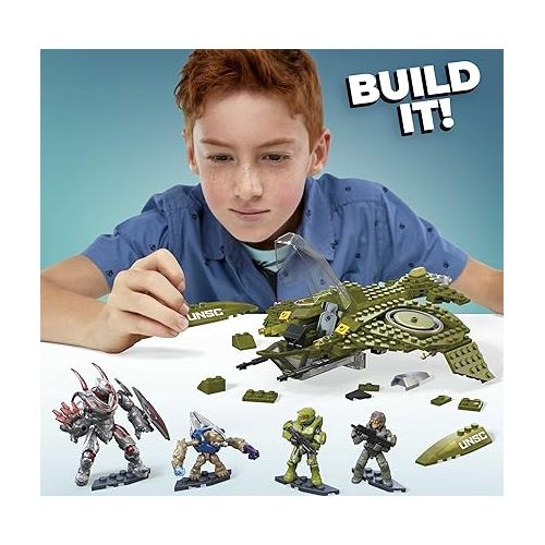  Mega Halo Infinite Toy Vehicle Building Set, Unsc Wasp Onslaught Aircraft with 4 Poseable, Collectable Micro Action Figures and Accessories