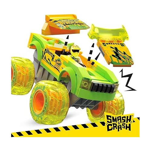  MEGA Hot Wheels Monster Trucks Building Toy Car, Smash & Crash Gunkster with 84 Pieces, 1 Micro Action Figure Driver, Green, Kids Age 5+ Years