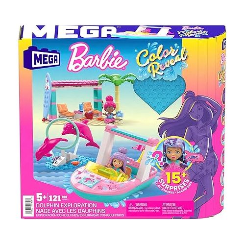  MEGA Barbie Color Reveal Building Toy Playset, Dolphin Exploration with 121 Pieces, 15 Surprises and Accessories, Kids Age 5+ Years