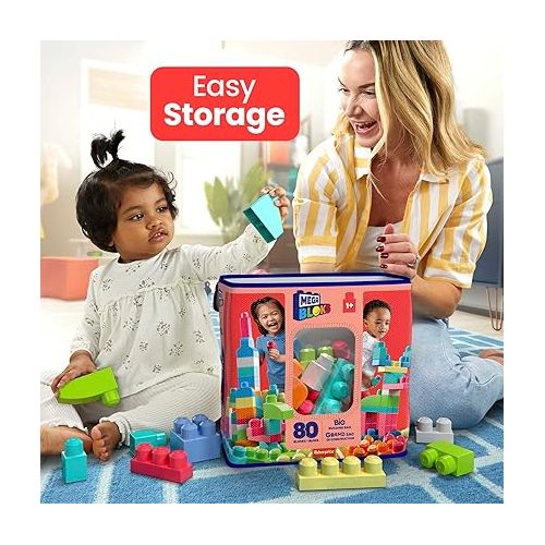  MEGA BLOKS First Builders Toddler Blocks Toys Set, Big Building Bag with 80 Pieces and Storage, Red, Ages 1+ Years