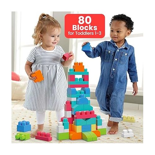  MEGA BLOKS First Builders Toddler Blocks Toys Set, Big Building Bag with 80 Pieces and Storage, Red, Ages 1+ Years