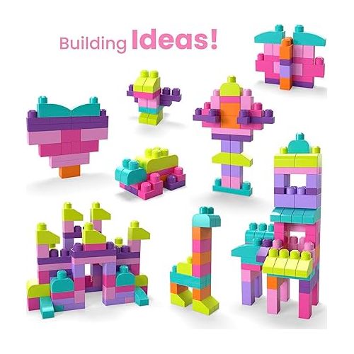  MEGA BLOKS First Builders Toddler Blocks Toys Set, Big Building Bag with 80 Pieces and Storage, Pink, Ages 1+ Years