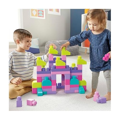  MEGA BLOKS First Builders Toddler Blocks Toys Set, Big Building Bag with 80 Pieces and Storage, Pink, Ages 1+ Years