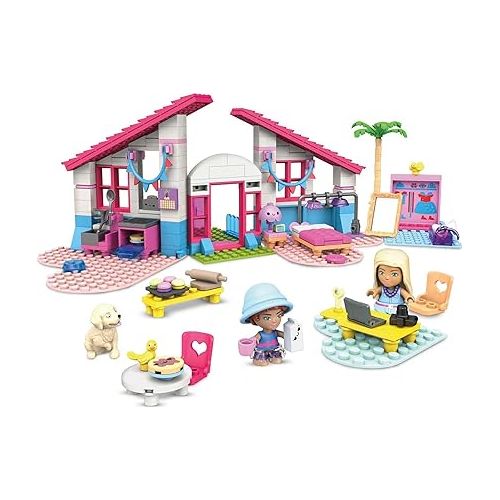  Mega Barbie Building Toys Playset, Malibu Dream House with 303 Pieces, 2 Micro-Dolls, Accessories and Furniture, 3 Pets