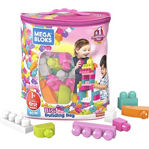  Mega Bloks First Builders Big Building Bag with Big Building Blocks, Building Toys for Toddlers (80 Pieces) - Pink Bag