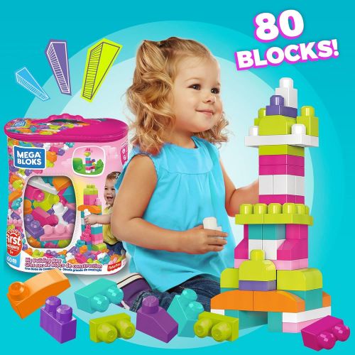  Mega Bloks First Builders Big Building Bag with Big Building Blocks, Building Toys for Toddlers (80 Pieces) - Pink Bag