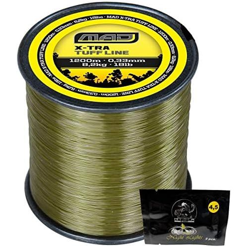  [아마존베스트]Mega Fishing Dam MAD X-Tra Tuff Monofilament Line up to 1600 m  Monofilament Line Fishing Line 0.28-0.40 mm + Pack of 2 Mantikor Glow Sticks