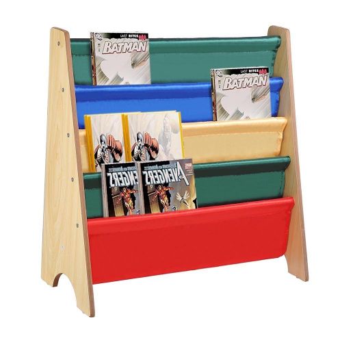  MegaBrand Kids Book Shelf Sling Storage Rack Organizer Bookcase Display Holder Natural Wood