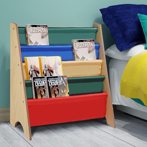  MegaBrand Kids Book Shelf Sling Storage Rack Organizer Bookcase Display Holder Natural Wood