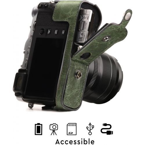  MegaGear MG1341 Ever Ready Genuine Leather Camera Case & Strap for Fujifilm X-E3 (23mm & 18-55mm) with Battery Access, Green