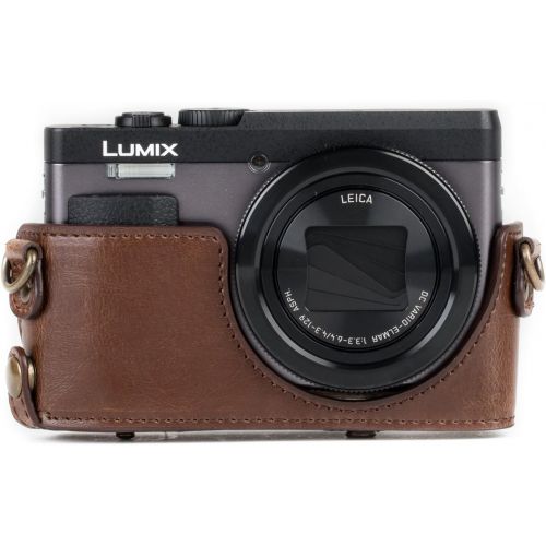  MegaGear MG1259 Ever Ready Leather Camera Case compatible with Panasonic Lumix DC-ZS80, DC-ZS70, DC-TZ95, DC-TZ90 - Dark Brown