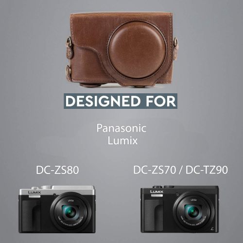  MegaGear MG1259 Ever Ready Leather Camera Case compatible with Panasonic Lumix DC-ZS80, DC-ZS70, DC-TZ95, DC-TZ90 - Dark Brown