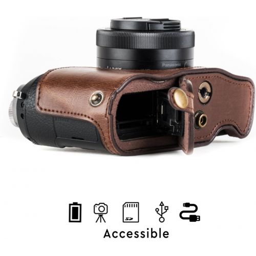  MegaGear Panasonic Lumix DMC-GX85, DMC-GX80 (12-32mm) Ever Ready Leather Camera Case and Strap, with Battery Access - Dark Brown - MG1301