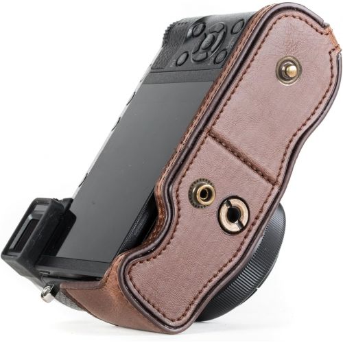  MegaGear Panasonic Lumix DMC-GX85, DMC-GX80 (12-32mm) Ever Ready Leather Camera Case and Strap, with Battery Access - Dark Brown - MG1301