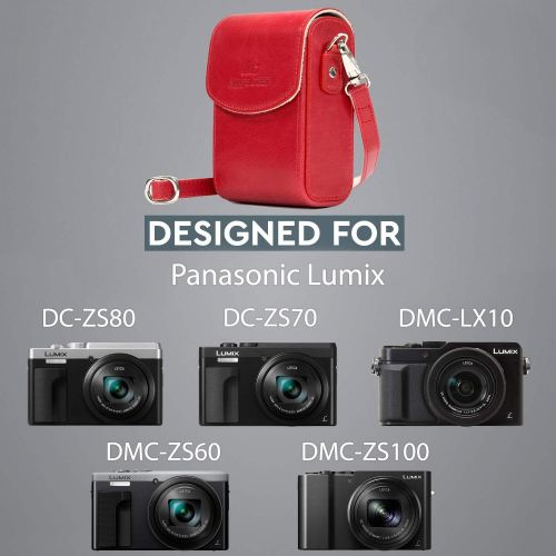  MegaGear Leather Camera Case with Strap compatible with Panasonic Lumix DC-ZS80, DC-ZS70, DMC-LX10, DMC-ZS60, DMC-ZS100, Red