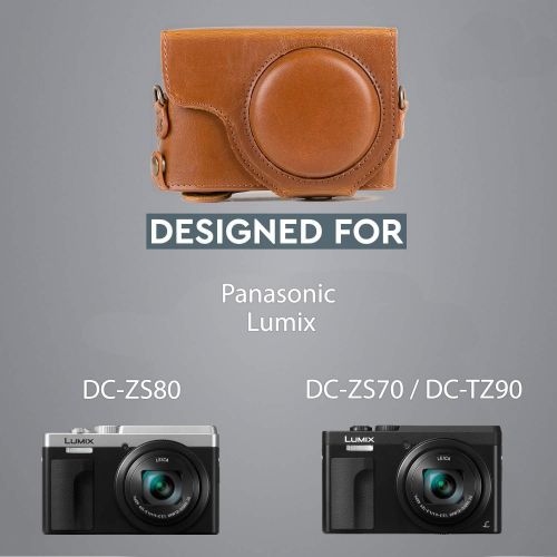  MegaGear MG1260 Ever Ready Leather Camera Case compatible with Panasonic Lumix DC-ZS80, DC-ZS70, DC-TZ95, DC-TZ90 - Light Brown