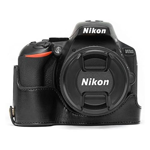  MegaGear Nikon D5600, D5500 Ever Ready Leather Camera Half Case and Strap, with Battery Access - Black - MG1170