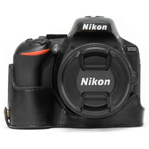  MegaGear Nikon D5600, D5500 Ever Ready Leather Camera Half Case and Strap, with Battery Access - Black - MG1170