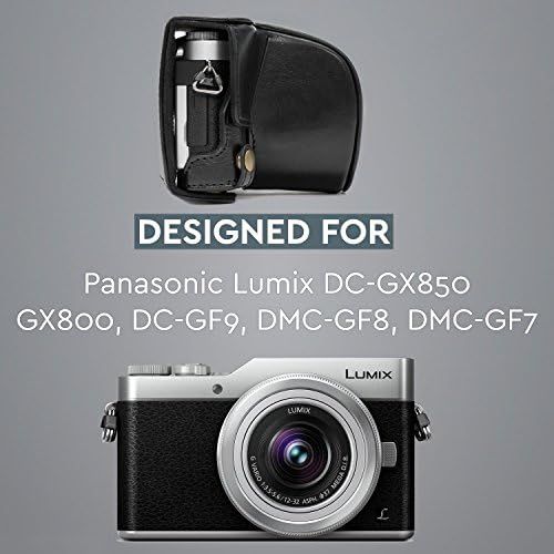  MegaGear Panasonic Lumix DC-GX850, DC-GF9 12-32mm Lens, DC-GX800, DMC-GF8, DMC-GF7 Ever Ready Leather Camera Case and Strap, with Battery Access - Black - MG1140