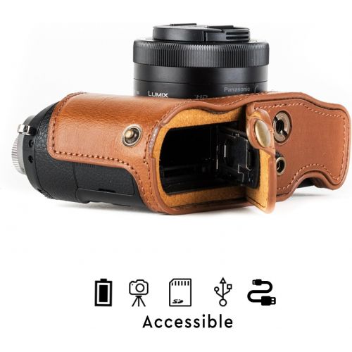  MegaGear Panasonic Lumix DMC-GX85, DMC-GX80 (12-32mm) Ever Ready Leather Camera Case and Strap, with Battery Access - Light Brown - MG1302